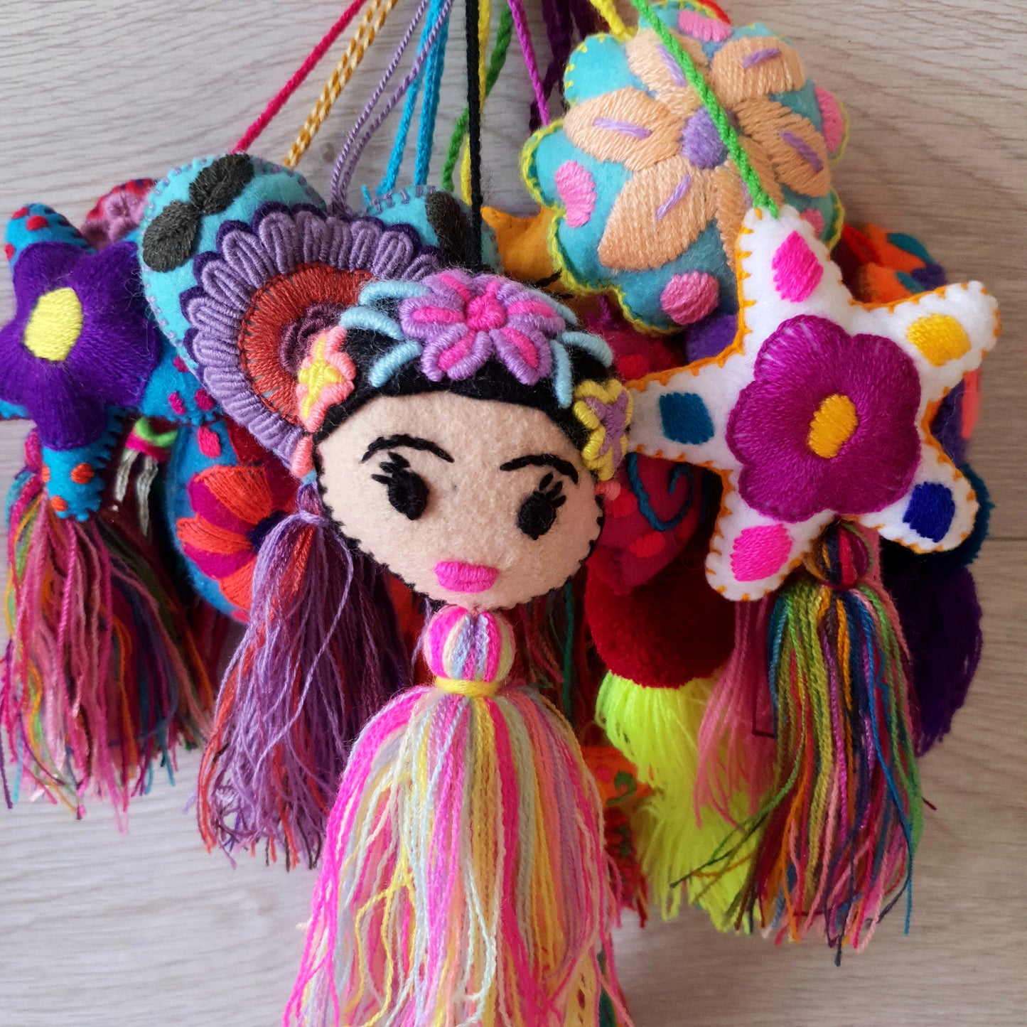 Mexican heart, Frida Kahlo, stars, floral, half moon, felt ornaments (Set of 3)